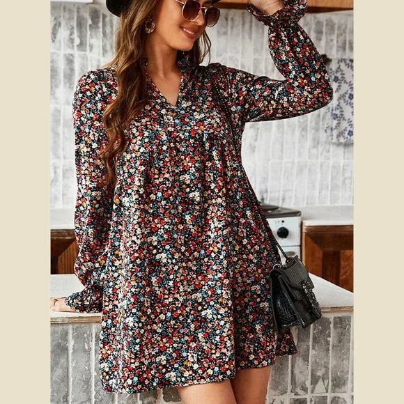 Boho Dainty Floral Confetti Ruffle Babydoll Dress - Picture 6 of 12